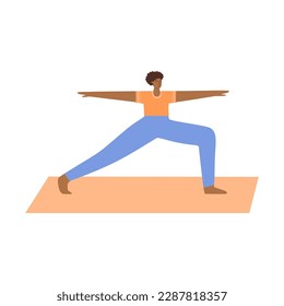 yogi black woman in warrior pose. Yoga practicing. Beautiful African American girl. Vector flat illustration