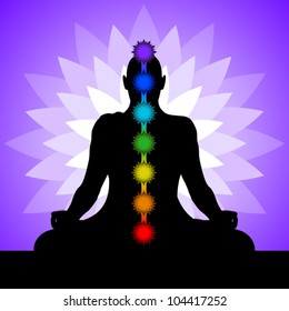 Yogi with chakras. Silhouette of man in lotus position. Colorful lotus-chakras. Vector illustration.