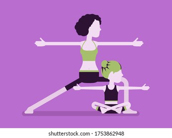 Yogi family, mother and daughter in sport wear practicing yoga together, mom with kid doing Warrior pose, Virabhadrasana 2 exercise, parent, child healthy hobby. Vector creative stylized illustration