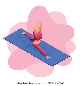 Yogi girl doing front splits over a yoga mat wearing colorful pants in isometric perspective