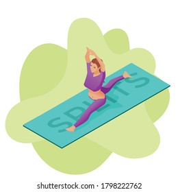 Yogi girl doing front splits over a yoga mat wearing colorful pants in isometric perspective