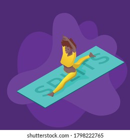 Yogi girl doing front splits over a yoga mat wearing colorful pants in isometric perspective