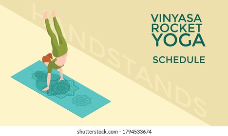 Yogi girl doing a handstand over a yoga mat wearing colorful pants in isometric perspective 