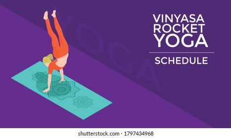 Yogi girl doing a handstand over a yoga mat wearing colorful pants in isometric perspective 