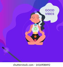 Yogi girl with long hair in the lotus position on a purple background with seven colored chakras, with incense and smoke. Vector illustration of meditation, yoga and relax