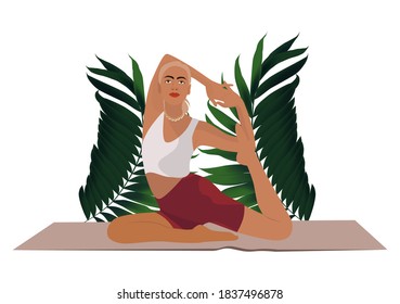 Yogi girl meditates on the rug in a pose