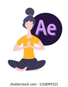 Yogi girl in a yellow T-shirt sitting in the lotus position on the background of icons adobe after effect