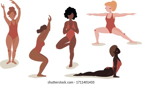  Yogi girls practicing asanas Sport and Healthy Lifestyle , with group of women on self isolation, Personal Trainer , Workout Class, Health Flat Vector Illustration