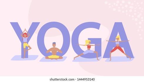Yogi Group Doing Yoga Exercises on Mats, Healthy Lifestyle Concept. Huge text Yoga in the background. Editable vector illustration