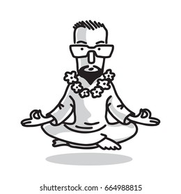 Yogi - Guru with Glasses Sitting In Lotus Pose. Characters of Business Yoga. Vector Isolated Graphic Illustration.