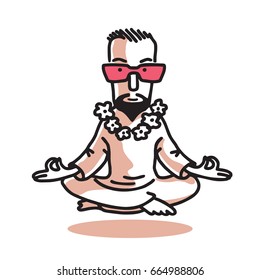 Yogi - Guru with Pink Glasses Sitting In Lotus Pose. Characters of Business Yoga. Vector Graphic Illustration.