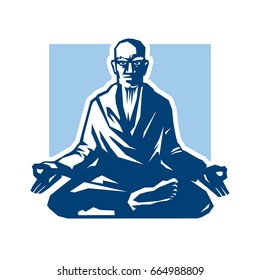 Yogi - Guru Sitting In Lotus Pose. Yoga Characters In The Style Of Engraving. Vector Graphic Illustration.