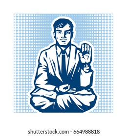 Yogi - Guru Sitting In Lotus Pose. Characters Of Business Yoga In Retro Style. Vector Graphic Illustration.