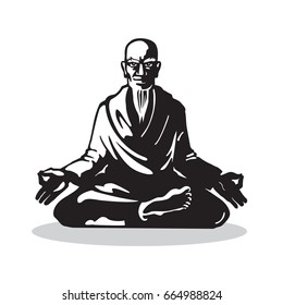 Yogi - Guru Sitting In Lotus Pose. Yoga Characters in the Style of Engraving. Vector Isolated Graphic Illustration.