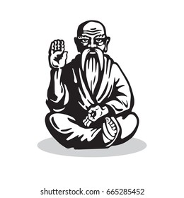 Yogi - Guru Sitting In Lotus Pose. Vector Isolated Graphic Illustration. Yoga Characters in the Style of Engraving. Black and white image.