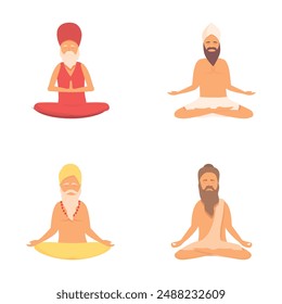 Yogi icons set cartoon vector. Meditating man in yoga lotus pose. Culture and tradition