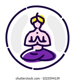 Yogi in the lotus position. Vector flat icon. Meditating yogi in a turban. Image is isolated on white background. Emblem of yoga studio, SPA. Mascot, a brand for a sports hall, complex. 