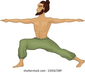 Yogi. a man with a beard. Virabhadrasana_2.