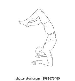 Yogi man in handstand scorpion pose or vrschikasana. Yoga hand stand for strength improvement. Sketch vector illustration isolated in white background