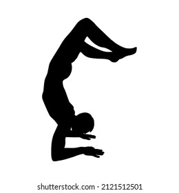 Yogi man in handstand scorpion pose or vrschikasana. Yoga hand stand for strength improvement. Vector illustration isolated in white background