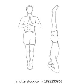 Yogi man in headstand and prayer pose. Man practicing yoga asanas. Engraved vector illustration in white background