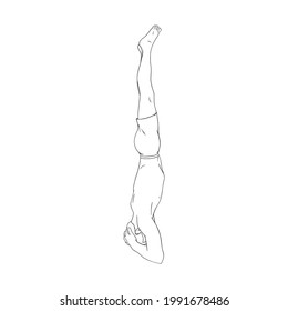 Yogi man in headstand or Shirshasana. Yoga hand stand for strength improvement. Sketch vector illustration isolated in white background