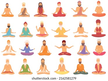 Iconos del hombre yogui establecen el vector de dibujos animados. India sabia. Rishi asia