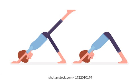 Yogi man in nice sport wear practicing yoga, doing Downward facing dog, adho mukha svanasana pose, one legged variation, exercise for healthy habit workout. Vector flat style cartoon illustration