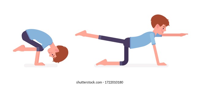 Yogi man in nice sport wear practicing yoga, doing Donkey, Kick, Bird dog pose and Crane, Bakasana exercise, handsome guy training for healthy habit workout. Vector flat style cartoon illustration