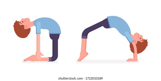 Yogi man in nice sport wear practicing yoga, doing Ustrasana, Camel pose, Bridge, Urdhva Dhanurasana exercise, handsome guy training for healthy habit workout. Vector flat style cartoon illustration