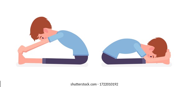 Yogi man in nice sport wear practicing yoga, doing Seated forward bend exercise, paschimottanasana pose, and handsome guy training for healthy habit workout. Vector flat style cartoon illustration