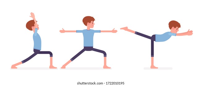 Yogi man in nice sport wear practicing yoga, doing standing poses, Warrior one, two, three variation, Virabhadrasana 1, 2, 3 exercises, healthy habit workout. Vector flat style cartoon illustration