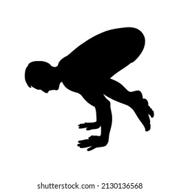 Yogi man silhouette in crow pose or Bakasana. Yoga hand stand for strength improvement. Vector illustration isolated in white background