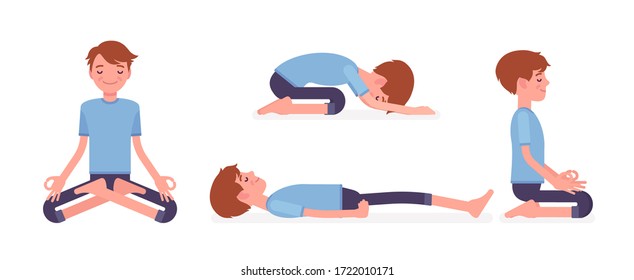 Yogi man in sport wear practicing yoga in restorative, seated poses, Padmasana, Lotus variation, Child, Balasana exercise, seiza vajrasana, Dead Body, Savasana. Vector flat style cartoon illustration