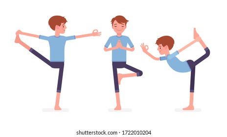 Yogi man in sport wear practicing yoga, Utthita Hasta Padangustasana, Extended Hand to Big Toe exercise, Natarajasana, Lord of Dance and Vrksasana, Tree pose. Vector flat style cartoon illustration