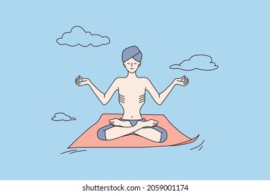 Yogi man in turban meditate practice yoga in lotus position mudra hands. Calm indian male guru instructor have meditation session, breathe fresh air relieve negative emotions. Vector illustration. 