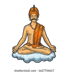 Yogi meditating and floating on cloud sketch engraving vector illustration. Scratch board style imitation. Black and white hand drawn image.