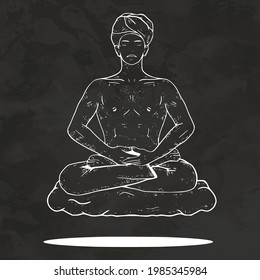 Yogi Meditating Floating On Cloud Silhouette Hand Drawn Sketch Engraving Style Retro Vintage Vector Illustration
