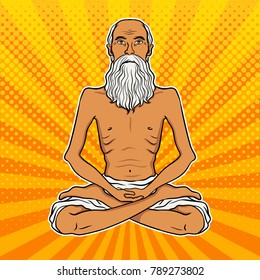 Yogi meditation pop art retro vector illustration. Color background. Comic book style imitation.