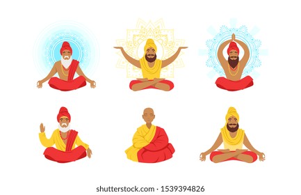 Yogi Men Characters Set, Meditating People in Yoga Lotus Poses Vector Illustration