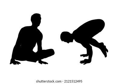 Yogi men in handstand rooster and craw or crane poses. Yoga hand stand for strength improvement. Vector illustration isolated in white background