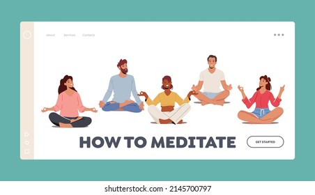 Yogi Men and Women Meditate Landing Page Template. Male and Female Characters Sit in Lotus Posture in Yoga Class doing Sport Activities. Healthy Lifestyle, Mind Balance. Cartoon Vector Illustration