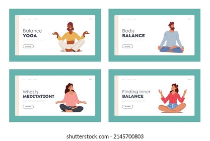 Yogi Men and Women Meditate Landing Page Template. Male and Female Characters Sit in Lotus Posture in Yoga Class doing Sport Activities. Healthy Lifestyle, Mind Balance. Cartoon Vector Illustration