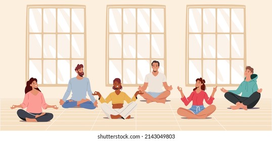 Yogi Men and Women Meditate in Large Hall, Sitting in Lotus Posture. Male and Female Characters in Yoga Class doing Sport Activities. Healthy Lifestyle, Mind Balance. Cartoon Vector Illustration