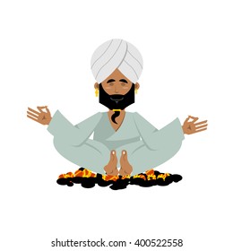 Yogi on coals. Indian yoga sitting on hot charcoal. Meditation Man practicing exercises. guy from India in turban on white background