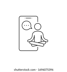 yogi on the phone conducts training icon. concept of concentration, standing serenity, stretching workout, online teach harmony, learning sport at office or home. black simple sign on white background