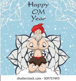 Yogi Santa Claus sitting in  yoga asana on the mandala, meditate, and wishes everyone happiness