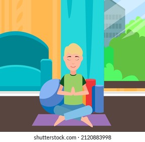 Yogi se sienta en posición de loto y medita. Meditación, práctica espiritual, concepto de salud. Joven descansando y haciendo yoga. El tipo haciendo ejercicios de respiración. Yoga matutino, relajación en casa