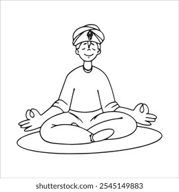 Yogi sitting in meditation Linear vector illustration doodle