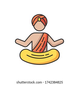 Yogi in turban RGB color icon. Practitioner of yoga. Physical and mental practices. Meditating Indian monk. Man in lotus position. Spiritual discipline. Isolated vector illustration